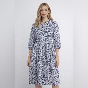 The Tiny Tassel Blue White Toile Print Harleston Dress 3/4 Sleeve Midi XS